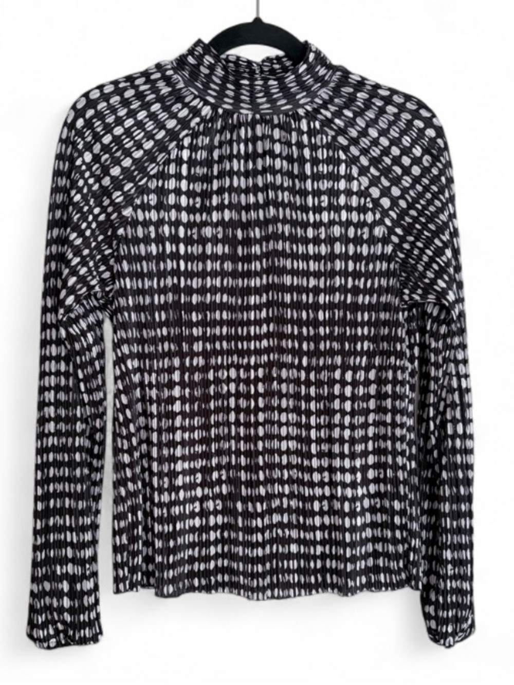 Joie Black and White Dot Print Silky Mock Neck Pleated Blouse Size M
